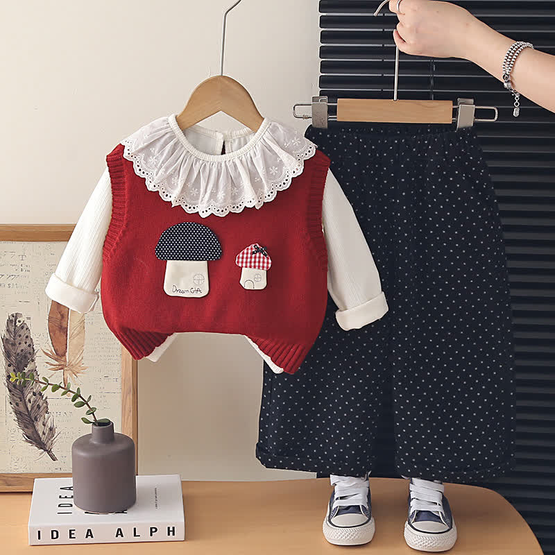 幼児用女の子向けマッシュルーム柄ニットベストとドット柄パンツの3点セット - 赤 - 4～5歳 - image 2
