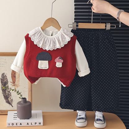 幼児用女の子向けマッシュルーム柄ニットベストとドット柄パンツの3点セット - 赤 - 4～5歳 - image 2