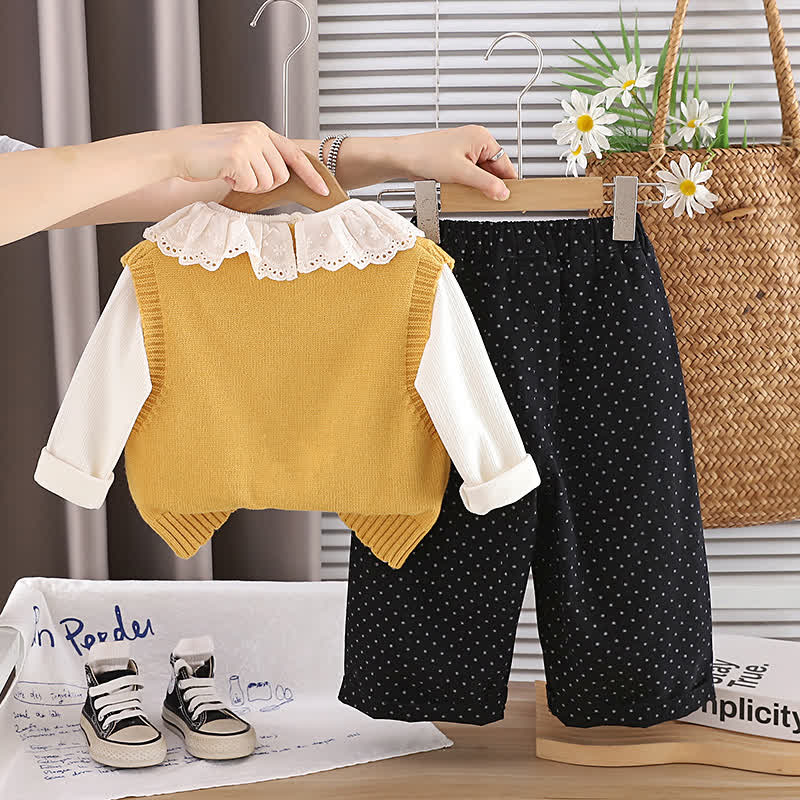 幼児用女の子向けマッシュルーム柄ニットベストとドット柄パンツの3点セット - image 4