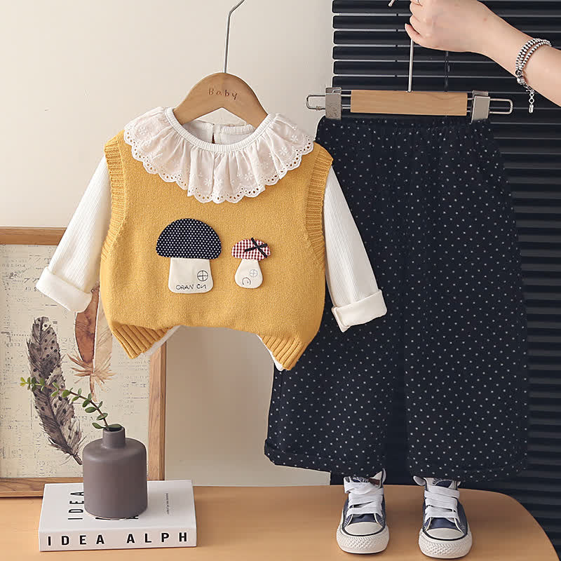 幼児用女の子向けマッシュルーム柄ニットベストとドット柄パンツの3点セット - 黄色 - 4～5歳 - image 3