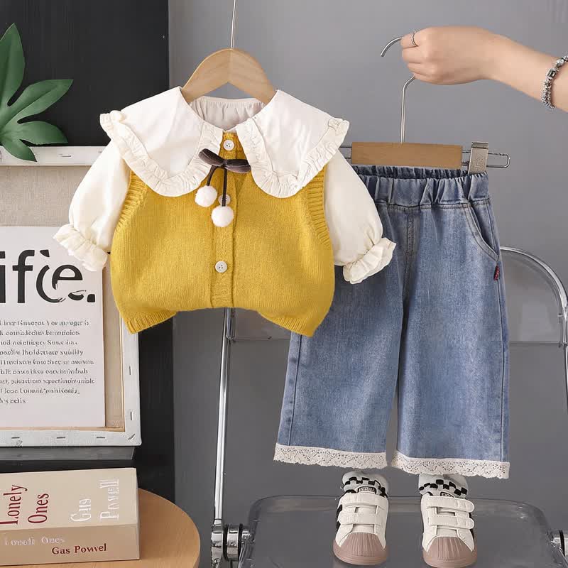 幼児用女の子向けリボン付きニットベストとデニムパンツの3点セット - 黄色 - 4～5歳 - image 2