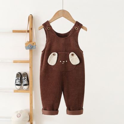 幼児用ベビー犬柄コーデュロイポケットロールカフオーバーオール - 茶色 - 4～5歳 - image 3