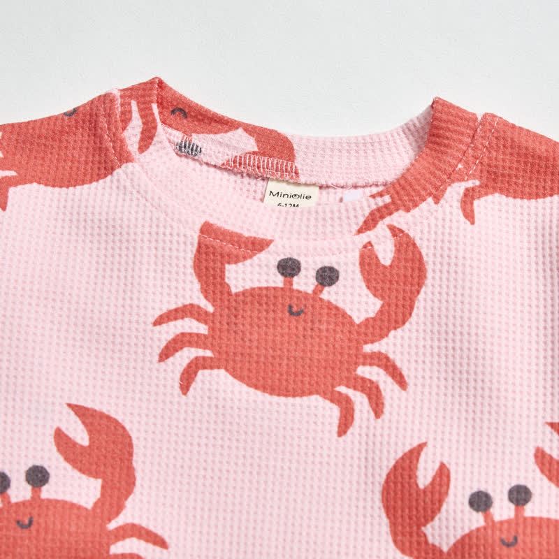 ベビーピンクの蟹柄ワッフルTシャツとショートパンツの2点セット - image 3