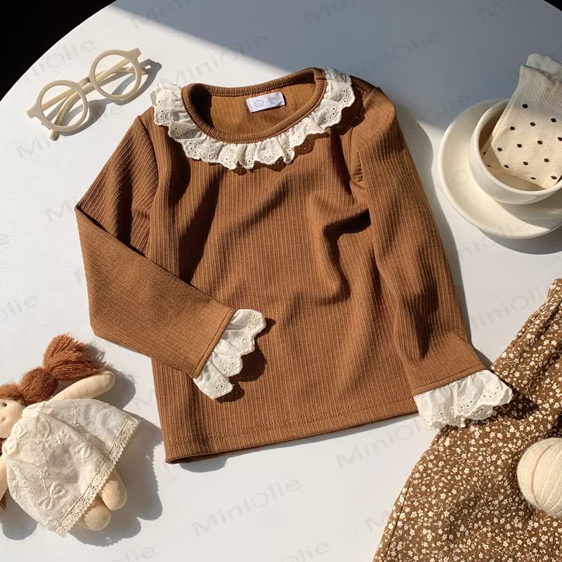 幼児用女の子フリルレース長袖シャツ - 茶色 - 8-9T - image 6