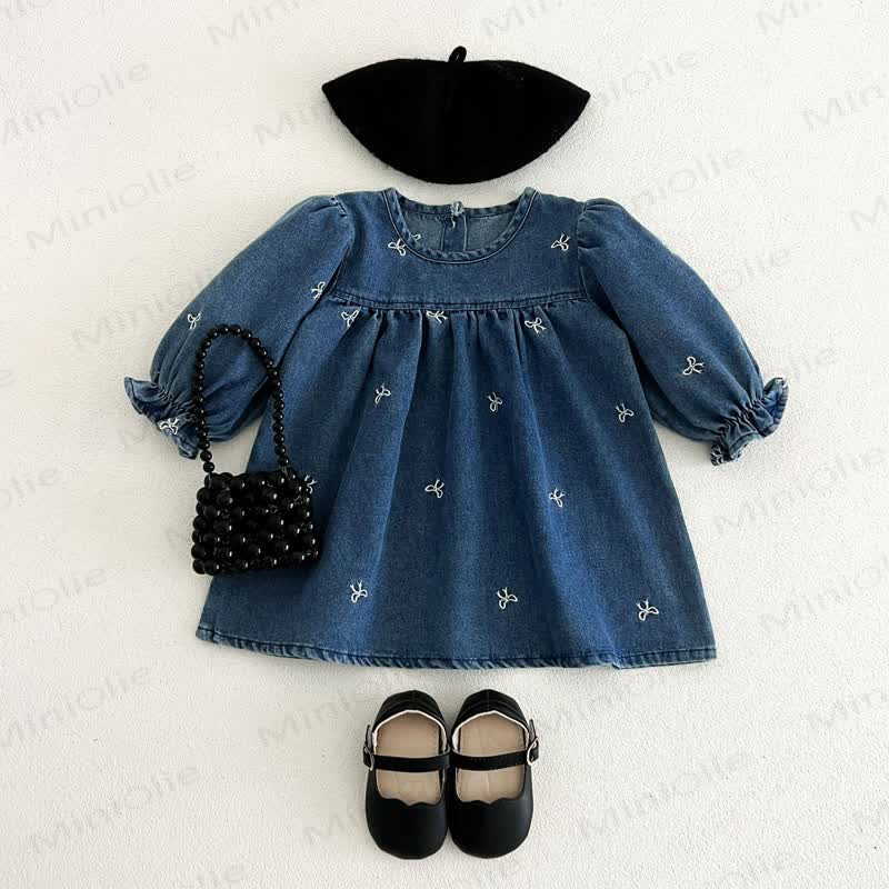 女の子用リボン刺繍入りデニムDress - 青 - 4～5歳 - image 1