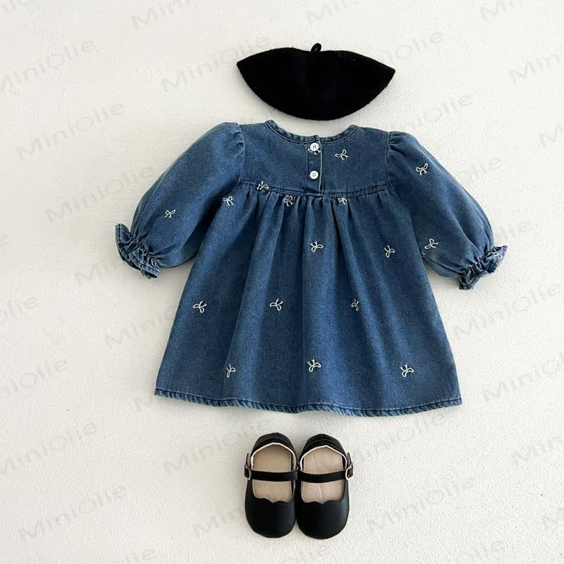 女の子用リボン刺繍入りデニムDress - image 2