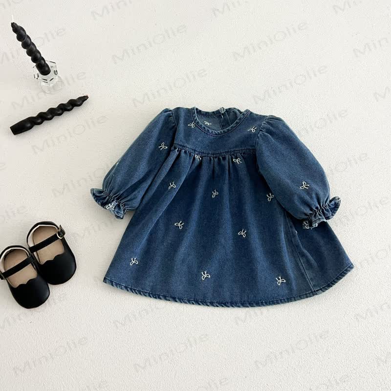 女の子用リボン刺繍入りデニムDress - image 3