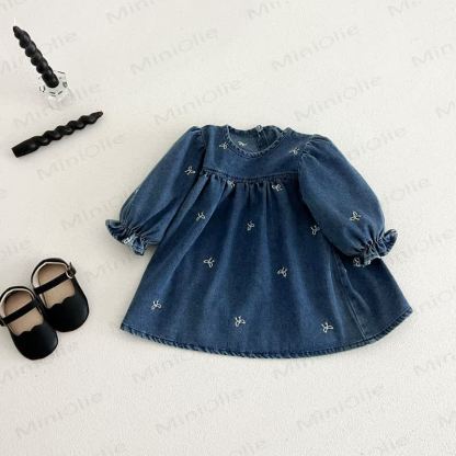 女の子用リボン刺繍入りデニムDress - image 3