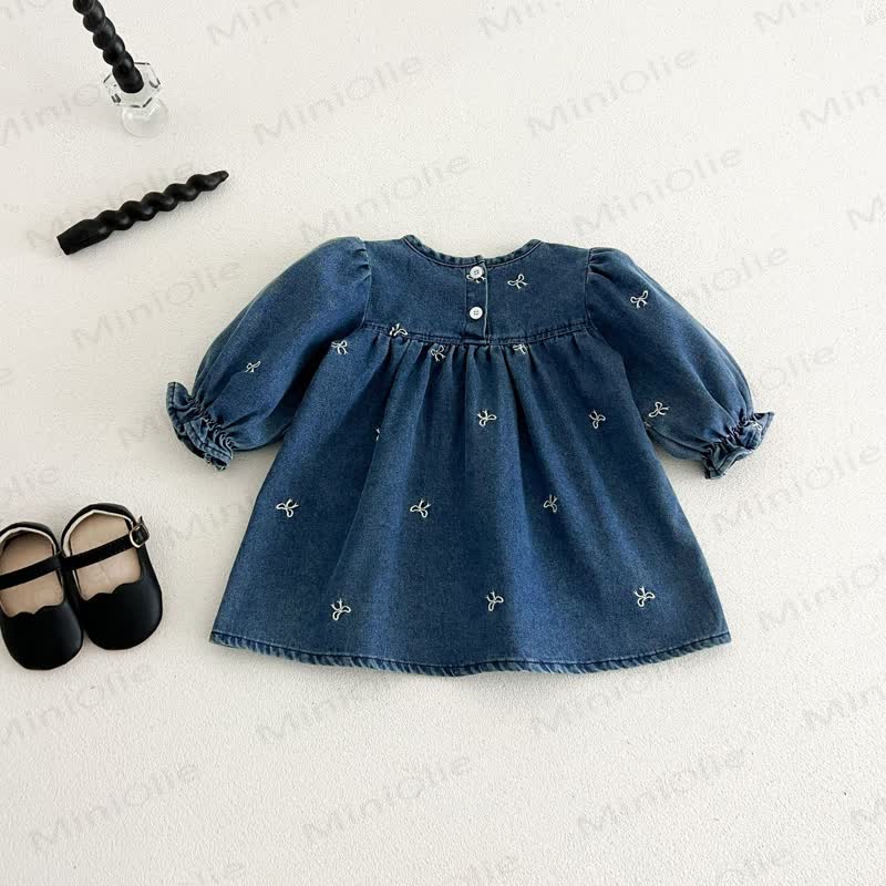 女の子用リボン刺繍入りデニムDress - image 4