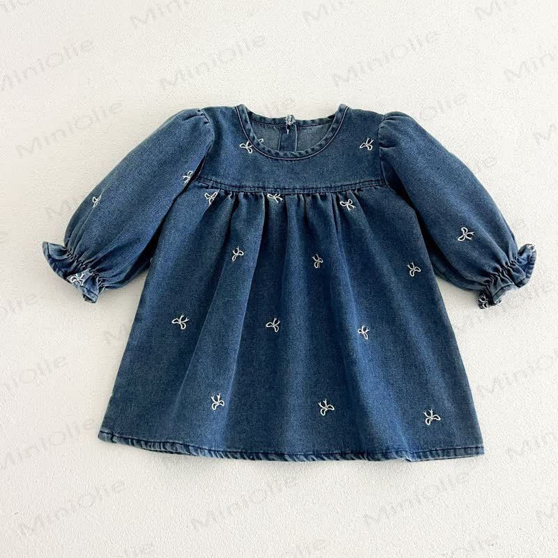 女の子用リボン刺繍入りデニムDress - image 5