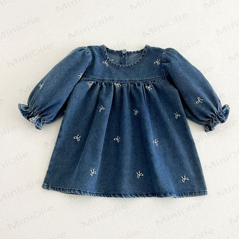 女の子用リボン刺繍入りデニムDress - image 5