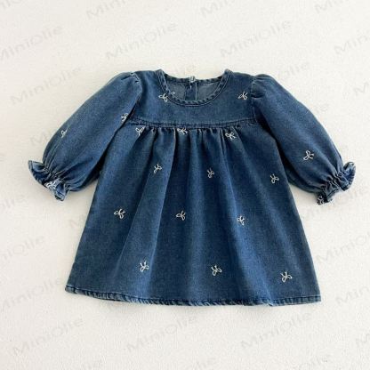 女の子用リボン刺繍入りデニムDress - image 5