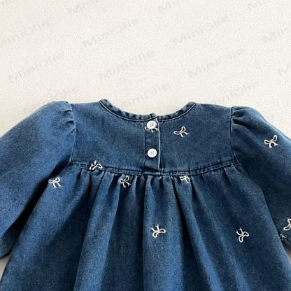 女の子用リボン刺繍入りデニムDress - image 9