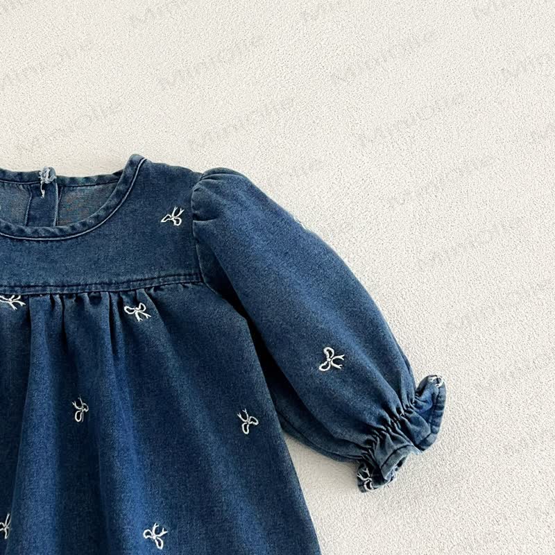 女の子用リボン刺繍入りデニムDress - image 10