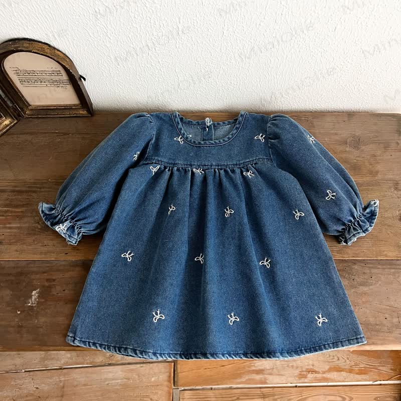 女の子用リボン刺繍入りデニムDress - image 6