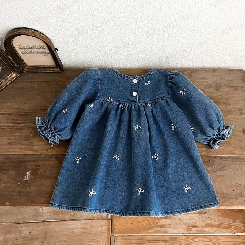 女の子用リボン刺繍入りデニムDress - image 7