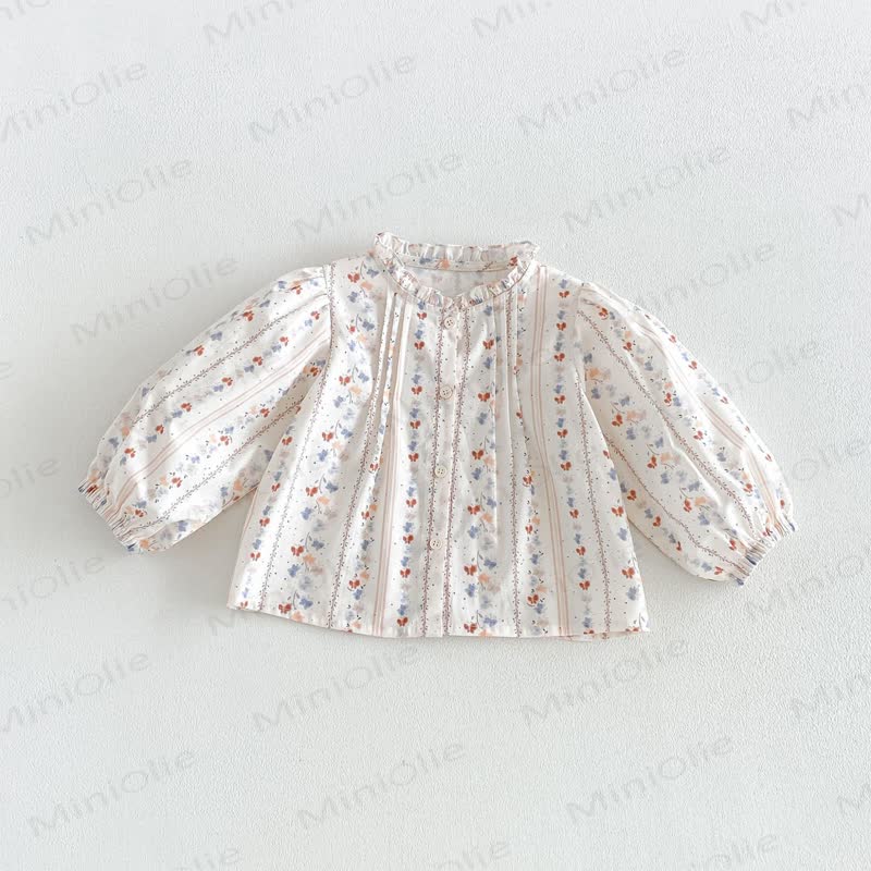 幼児用女の子向け花柄パフスリーブ長袖シャツ＆刺繍入りデニムサスペンダーDress - ベージュ - 6～7歳 - image 3