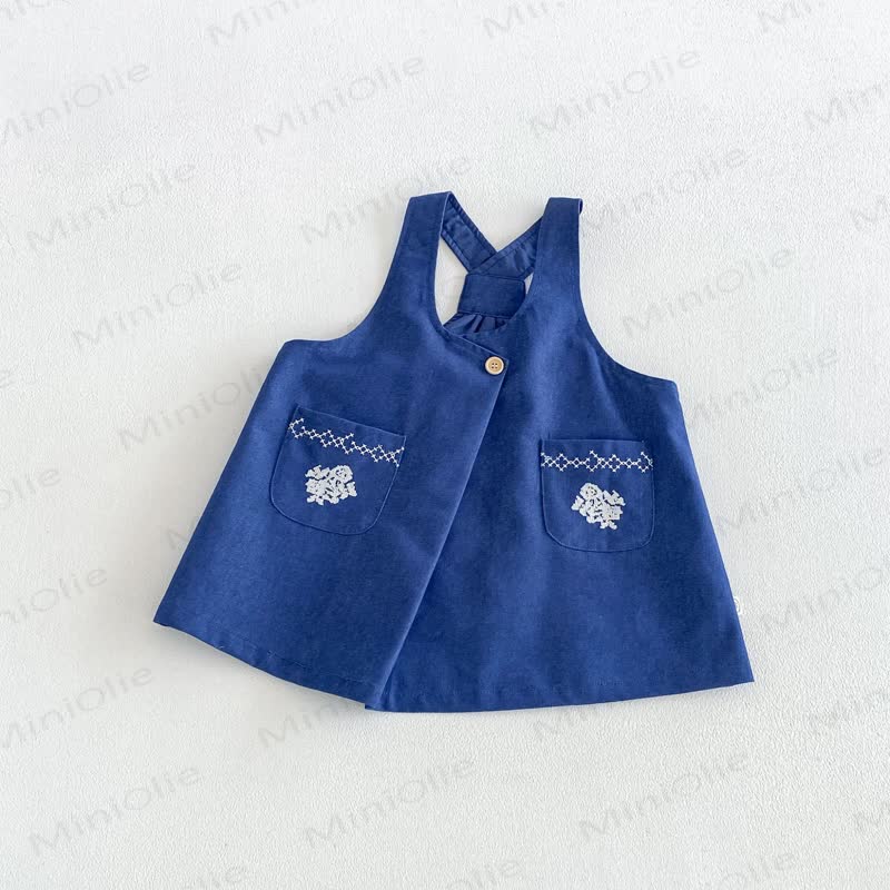 幼児用女の子向け花柄パフスリーブ長袖シャツ＆刺繍入りデニムサスペンダーDress - 海軍 - 6～7歳 - image 4