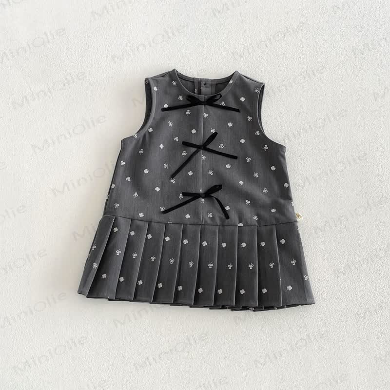 幼児用女の子向け無地ピーターパンカラーリボンシャツ＆リボン付き花柄ノースリーブDress - グレー - 130 - image 5