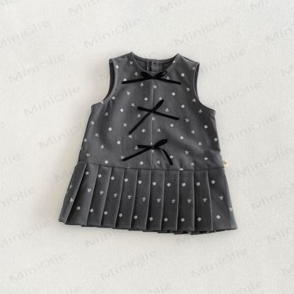 幼児用女の子向け無地ピーターパンカラーリボンシャツ＆リボン付き花柄ノースリーブDress - グレー - 130 - image 5