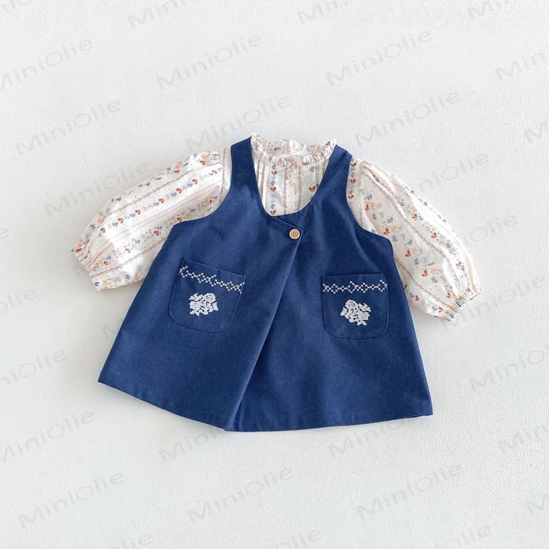 幼児用女の子向け花柄パフスリーブ長袖シャツ＆刺繍入りデニムサスペンダーDress - image 2