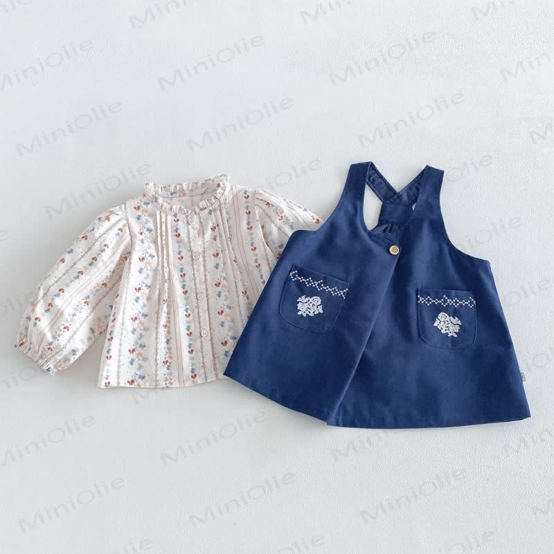 幼児用女の子向け花柄パフスリーブ長袖シャツ＆刺繍入りデニムサスペンダーDress - image 1
