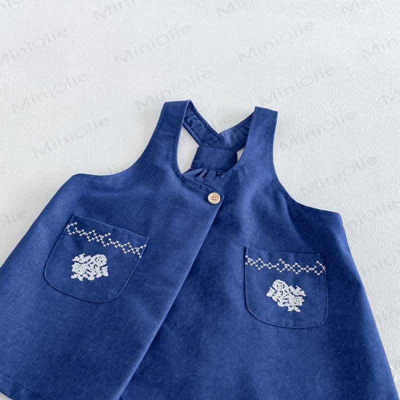 幼児用女の子向け花柄パフスリーブ長袖シャツ＆刺繍入りデニムサスペンダーDress - image 5