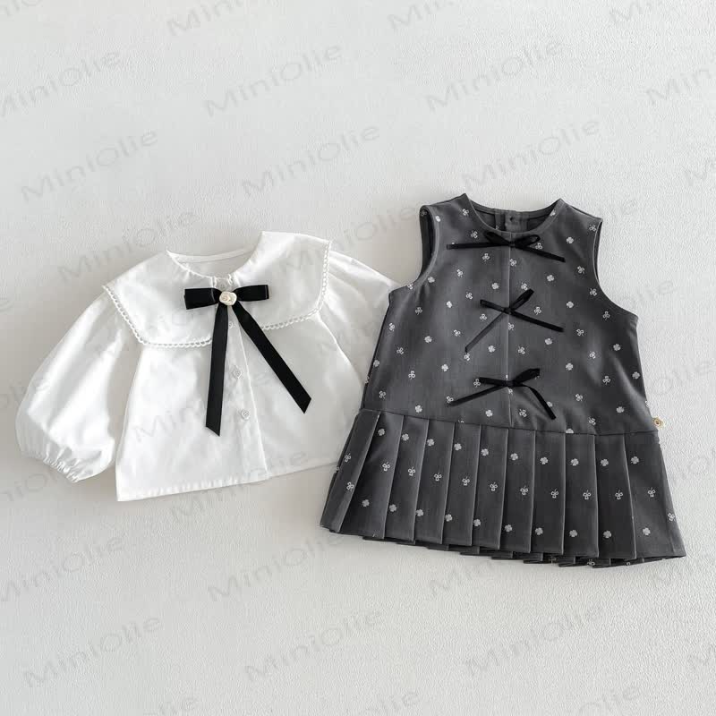 幼児用女の子向け無地ピーターパンカラーリボンシャツ＆リボン付き花柄ノースリーブDress - image 1