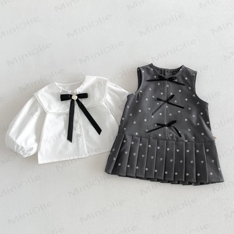 幼児用女の子向け無地ピーターパンカラーリボンシャツ＆リボン付き花柄ノースリーブDress - image 1