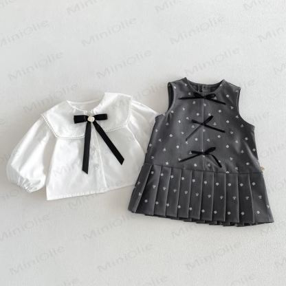幼児用女の子向け無地ピーターパンカラーリボンシャツ＆リボン付き花柄ノースリーブDress - image 1
