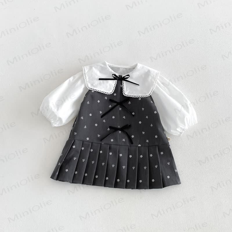 幼児用女の子向け無地ピーターパンカラーリボンシャツ＆リボン付き花柄ノースリーブDress - image 2