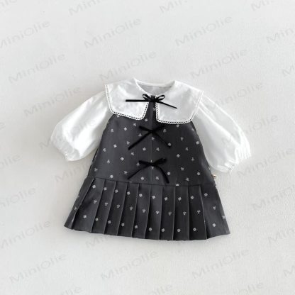 幼児用女の子向け無地ピーターパンカラーリボンシャツ＆リボン付き花柄ノースリーブDress - image 2