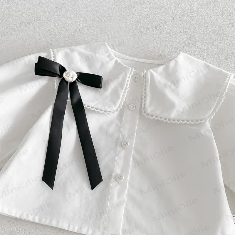 幼児用女の子向け無地ピーターパンカラーリボンシャツ＆リボン付き花柄ノースリーブDress - image 7