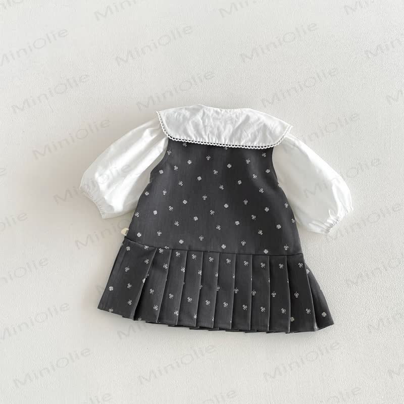 幼児用女の子向け無地ピーターパンカラーリボンシャツ＆リボン付き花柄ノースリーブDress - image 3