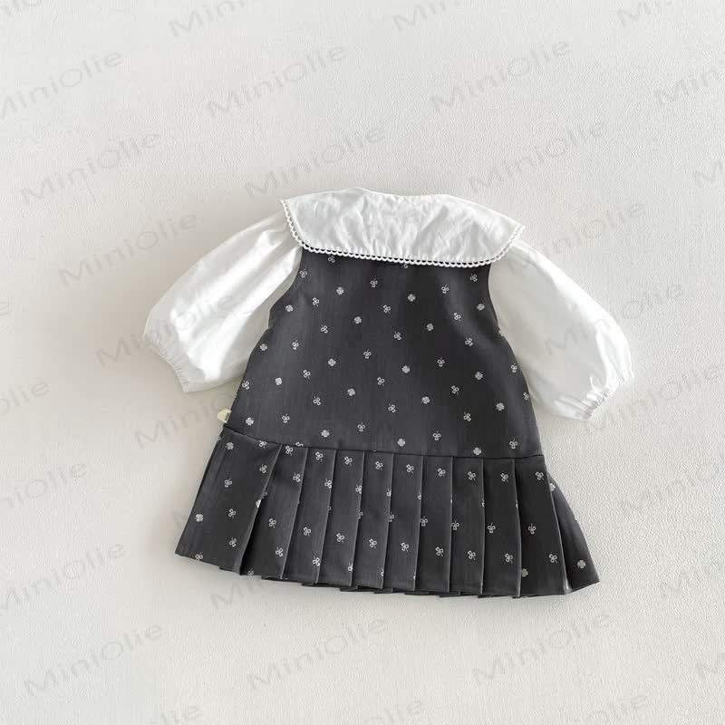幼児用女の子向け無地ピーターパンカラーリボンシャツ＆リボン付き花柄ノースリーブDress - image 3