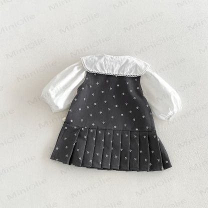 幼児用女の子向け無地ピーターパンカラーリボンシャツ＆リボン付き花柄ノースリーブDress - image 3