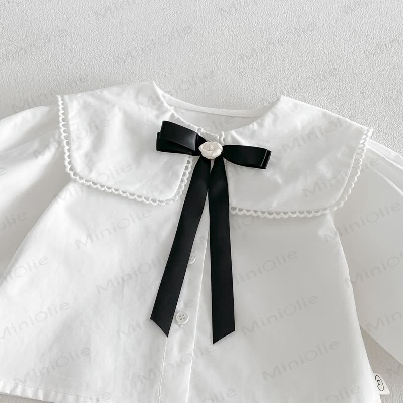 幼児用女の子向け無地ピーターパンカラーリボンシャツ＆リボン付き花柄ノースリーブDress - image 6