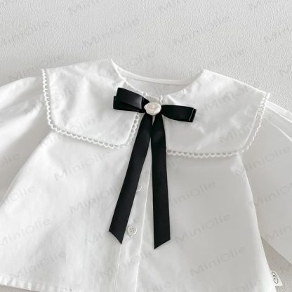 幼児用女の子向け無地ピーターパンカラーリボンシャツ＆リボン付き花柄ノースリーブDress - image 6