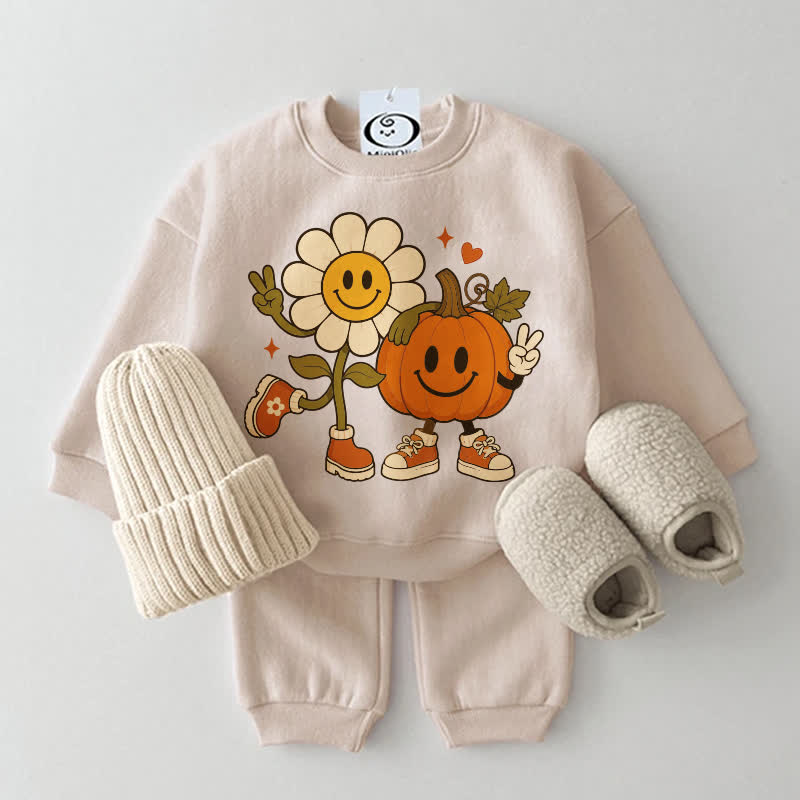 赤ちゃん用笑顔のかぼちゃと花柄ベージュスウェットシャツ2点セット - ベージュ - 2～3歳 - image 1