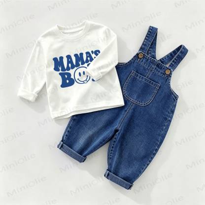 MAMA'S BOYベビーデニムオーバーオール＆Tシャツ 2点セット - ホワイト＆ブルー - 2～3歳 - image 1