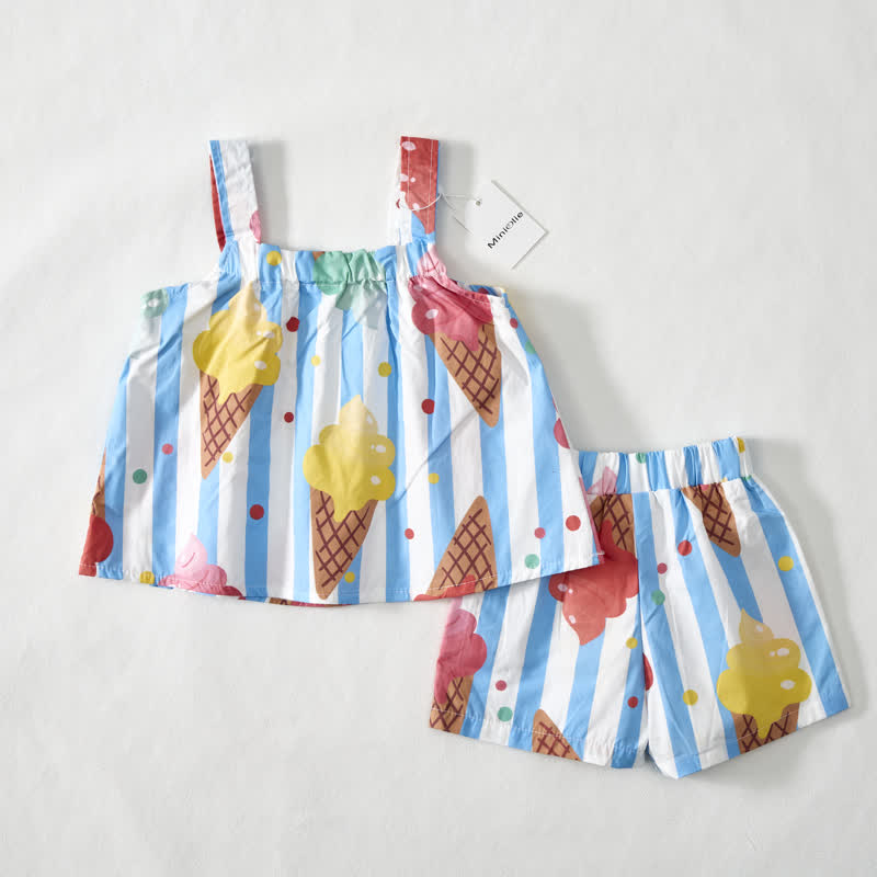 ベビー幼児用アイスクリーム柄ホワイト＆ブルーストライプのストラップトップとショートパンツの2点セット - image 3