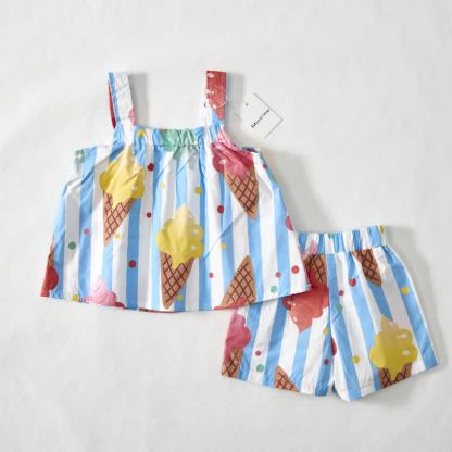 ベビー幼児用アイスクリーム柄ホワイト＆ブルーストライプのストラップトップとショートパンツの2点セット - image 3