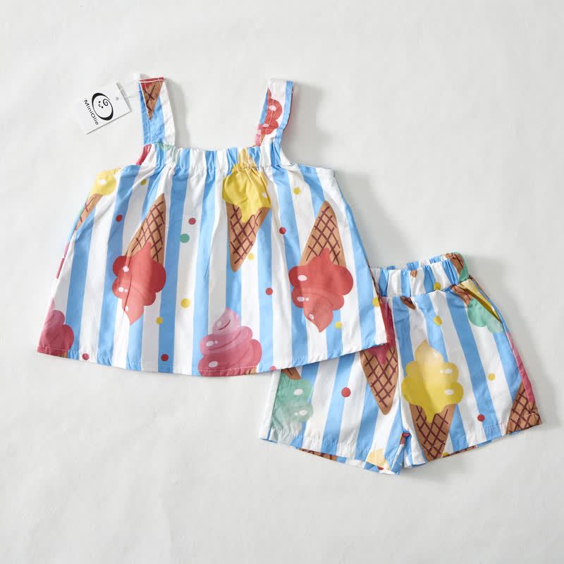 ベビー幼児用アイスクリーム柄ホワイト＆ブルーストライプのストラップトップとショートパンツの2点セット - image 2