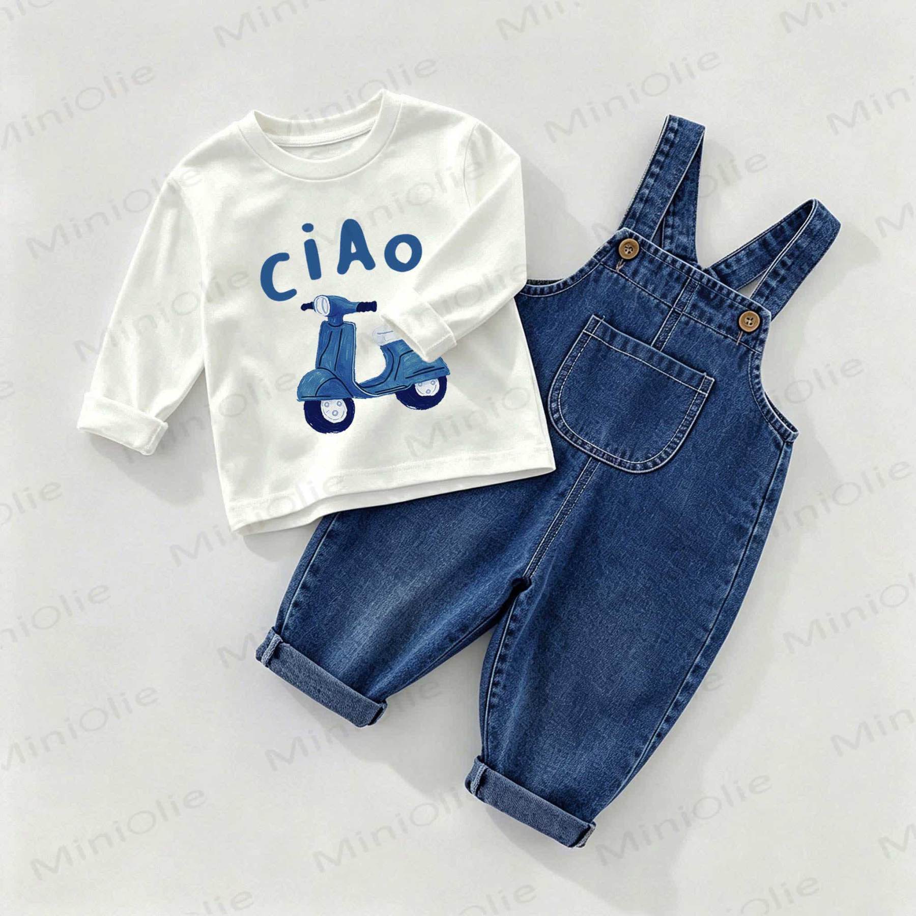 CIAOベビーデニムオーバーオール＆Tシャツ 2点セット - ホワイト＆ブルー - 2～3歳 - image 1