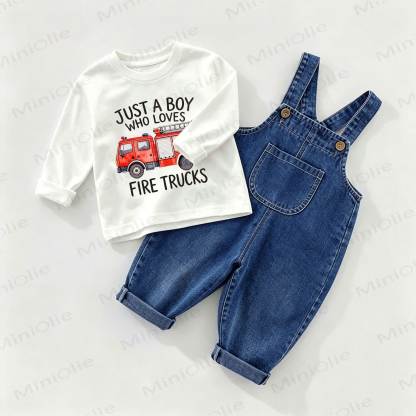 JUST A BOY WHO LOVES FIRE TRUCKS男の子 ベビーデニムオーバーオール＆Tシャツ 2点セット - ホワイト＆ブルー - 2～3歳 - image 1