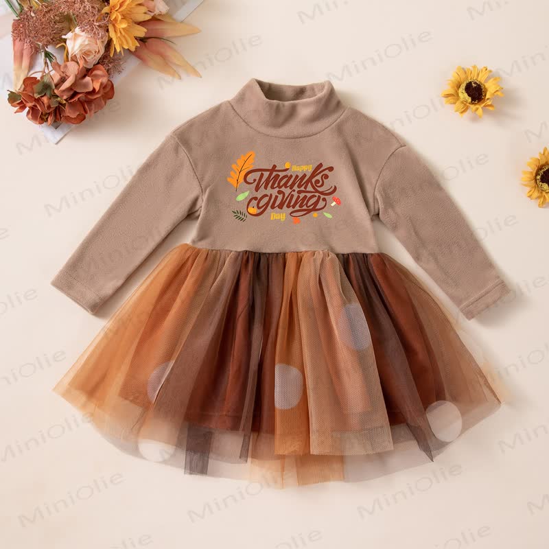 HAPPY THANKSGIVING DAYベビーチュール長袖Dress - ブラウンスローガン - 2～3歳 - image 1
