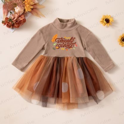 HAPPY THANKSGIVING DAYベビーチュール長袖Dress - ブラウンスローガン - 2～3歳 - image 1