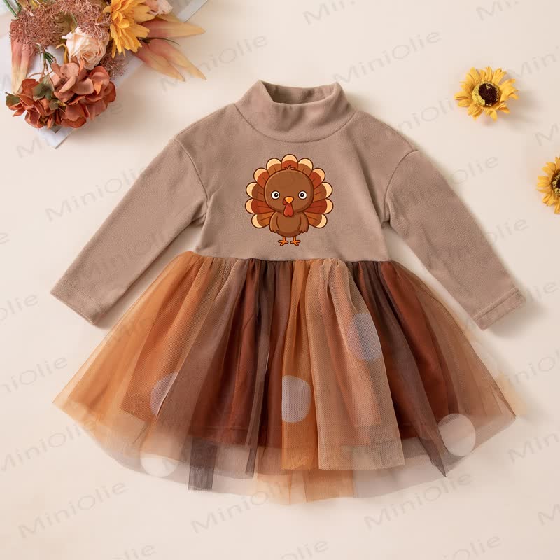HAPPY THANKSGIVING DAYベビーチュール長袖Dress - ブラウンターキー - 2～3歳 - image 2