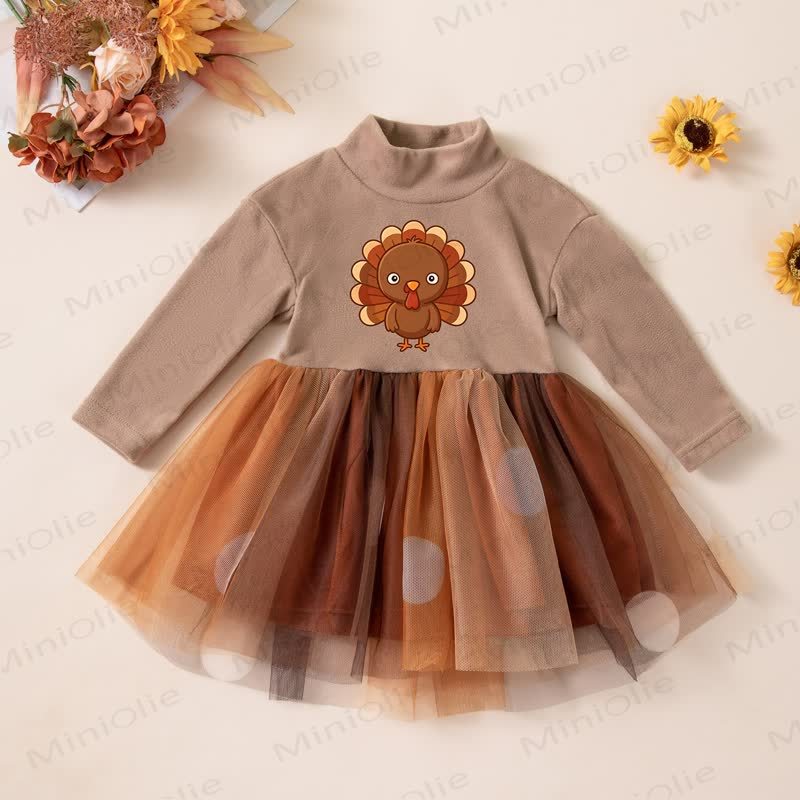 HAPPY THANKSGIVING DAYベビーチュール長袖Dress - ブラウンターキー - 2～3歳 - image 2