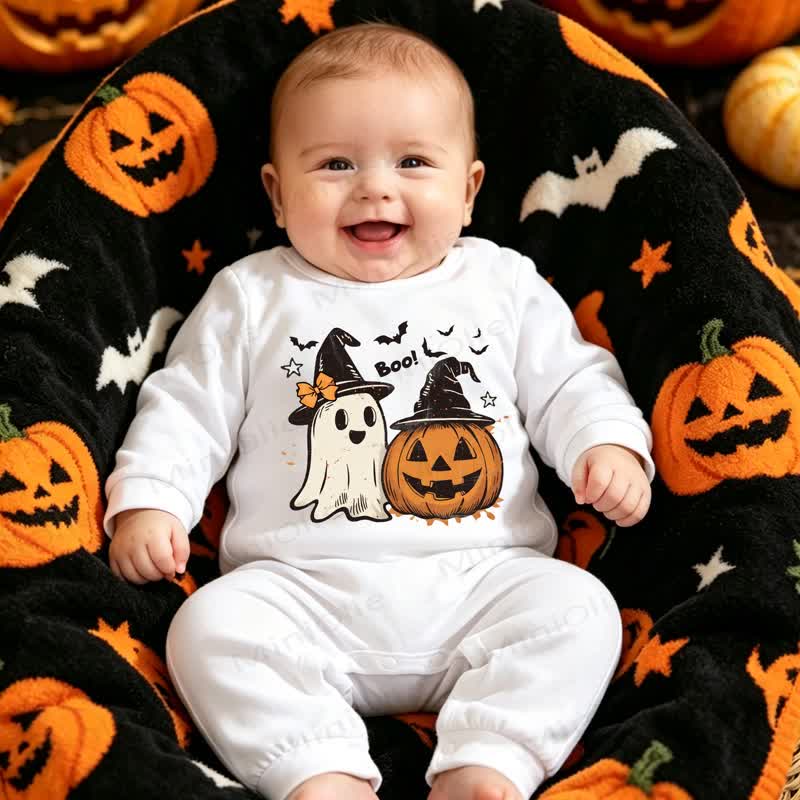 ベビー用ハロウィンソフトホワイトロンパース - ホワイトブー - 12～18ヶ月 - image 2